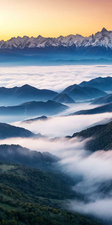 Serene sunrise over misty mountains. Breathtaking panoramic view of majestic peaks.の写真素材