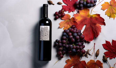 A red wine bottle surrounded by ripe red grapes and vibrant autumn leaves. Flat lay image.の写真素材