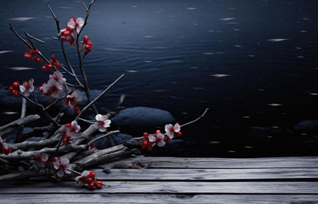 Delicate blossoms on a dark branch, near tranquil water at night. A serene and peaceful scene.