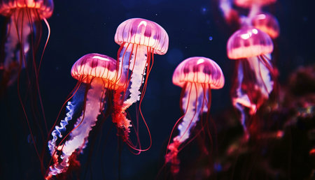 Stunning pink jellyfish gracefully float in a dark underwater world.の写真素材