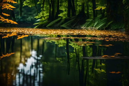 A tranquil forest pond mirrors the autumnal colors of the surrounding trees and leaves.の写真素材