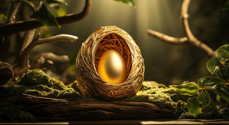 A golden egg rests inside an ornate golden nest, nestled within a mystical forest setting. The scene evokes feelings of wonder and magic.の写真素材
