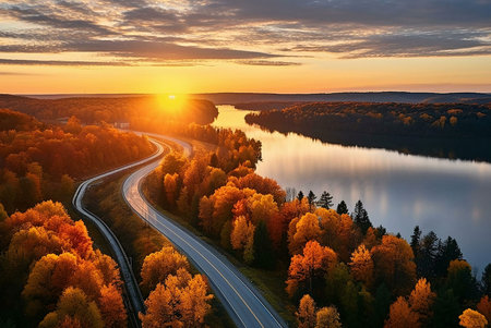A picturesque winding road through vibrant autumn foliage alongside a tranquil river at sunset.
