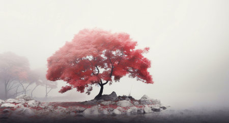 A single vibrant red tree stands amidst a misty landscape, creating a serene and captivating scene.