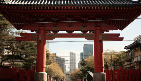 A vibrant red torii gate stands in contrast to the modern cityscape behind it. This image symbolizes the blend of ancient Japanese tradition and modern urban life.の写真素材