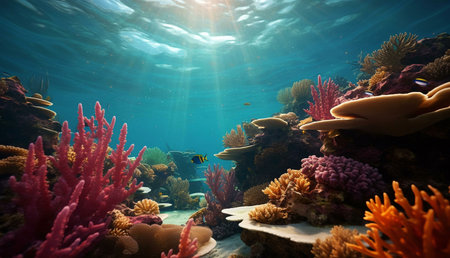 Stunning underwater scene showcasing a thriving coral reef ecosystem. Vibrant colors and diverse...