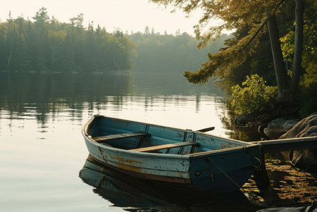 A weathered rowboat rests on a calm lake at sunrise, surrounded by lush greenery. The peaceful...