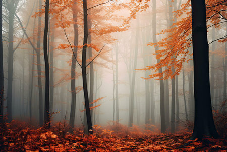 Misty autumn forest path, orange leaves, serene atmosphere