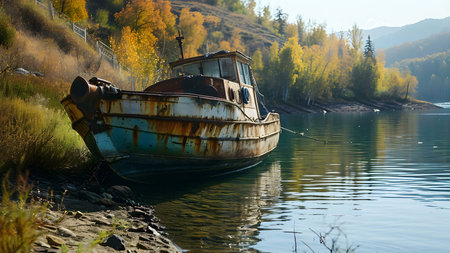 An aged, weathered boat rests on the lakeshore during autumn, reflecting the tranquility of the scene.の写真素材
