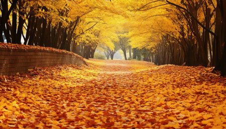 A picturesque path covered in golden autumn leaves, framed by vibrant yellow trees. Serene and calm...