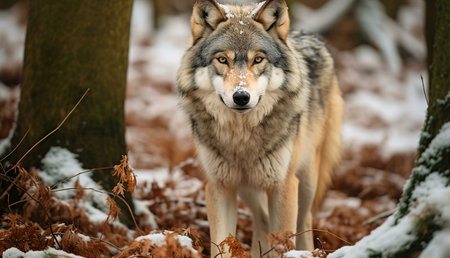 A gray wolf stands in a snowy forest, looking directly at the camera. The image captures the wolf's...
