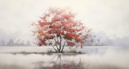 A solitary tree with vibrant red leaves stands in a still lake, its reflection mirrored perfectly on the water's surface. The soft mist adds a layer of tranquility to this autumnal scene.の写真素材