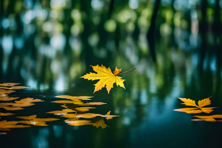 A single yellow autumn leaf floats serenely on a calm body of water, reflecting the surrounding...