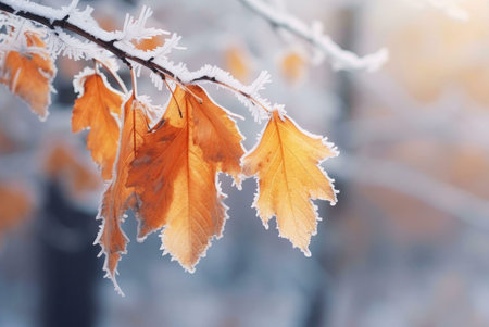 Close-up of frost-covered autumn leaves on a branch in winter. Serenity and beauty.の写真素材