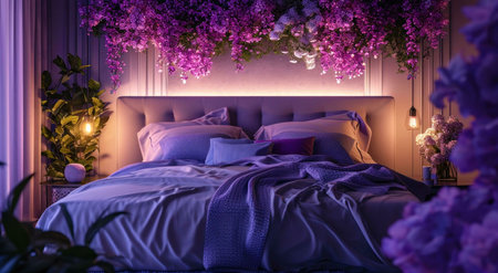 A romantic bedroom with a purple color scheme. Hanging flowers adorn the ceiling above a comfortable...