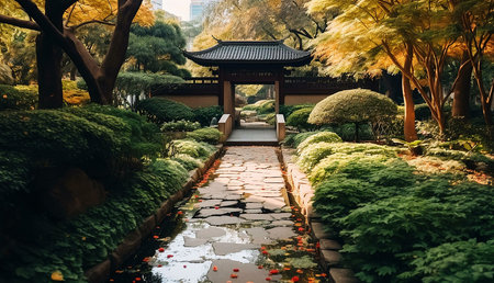 A tranquil pathway winds through a beautifully landscaped garden, showcasing autumn colors and traditional design elements. Peaceful and serene atmosphere.の写真素材