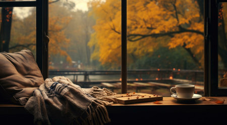 An autumnal scene viewed from a window, featuring a warm beverage, a book, and cozy textiles. Perfect fall vibes.の写真素材
