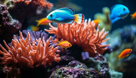 Stunning underwater scene showcasing a diverse array of colorful fish and vibrant coral reefs.の写真素材