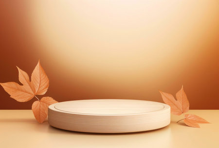 A round wooden podium with dried autumn leaves on a beige background. Perfect for product display or presentation.の写真素材