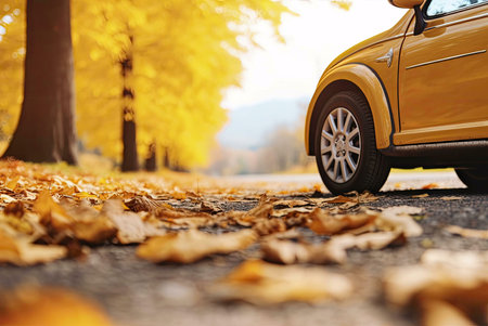 A yellow car rests on a road covered in autumn leaves, beneath golden trees. Peaceful autumn scene.の写真素材