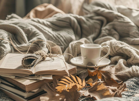 A scene of autumnal coziness: a warm beverage, books, and fallen leaves on a comfy knitted blanket.の写真素材