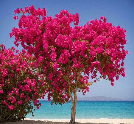 A stunning bougainvillea tree in full bloom, set against the backdrop of a breathtaking turquoise sea and sandy beach. Idyllic summer scene.の写真素材