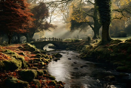 A picturesque autumn scene featuring a stone bridge spanning a calm stream in a misty forest. The...