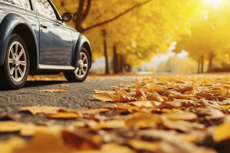 A classic car parked on an autumnal road covered in golden leaves. Sunlight illuminates the scene creating a warm and serene atmosphere.の写真素材