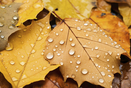 Close-up of autumn leaves covered in glistening dewdrops. Golden and brown hues dominate.