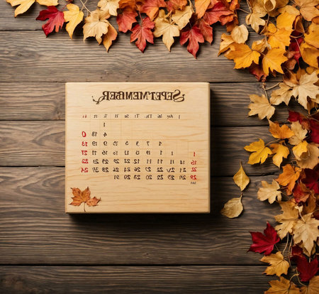 Wooden September calendar surrounded by colorful autumn leaves.の写真素材