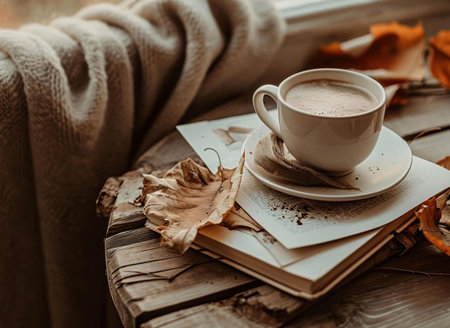 A warm cup of coffee sits on a book surrounded by autumn leaves. Cozy, autumnal scene.