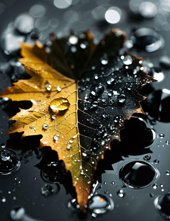 A close-up shot of an autumn leaf with water droplets, reflecting beautifully on a dark surface.の写真素材