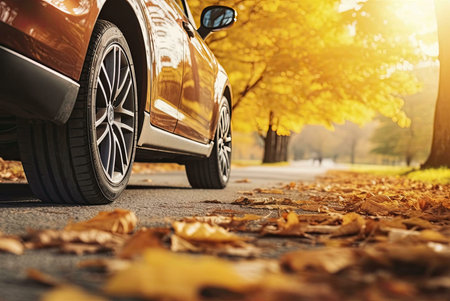 A brown car parked on an autumn road covered in golden leaves. Sunlight illuminates the scene.