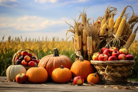A picturesque autumn harvest scene featuring pumpkins, apples, and corn. Rustic setting, vibrant colors.の写真素材