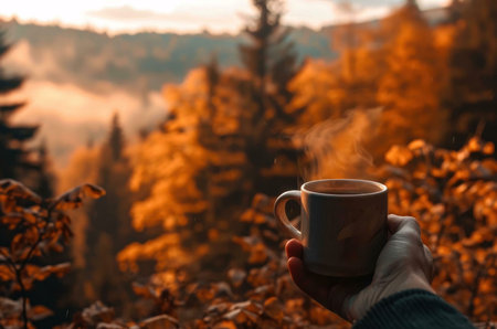 A steaming cup of tea or coffee held in a hand against a backdrop of an autumn forest. Golden...