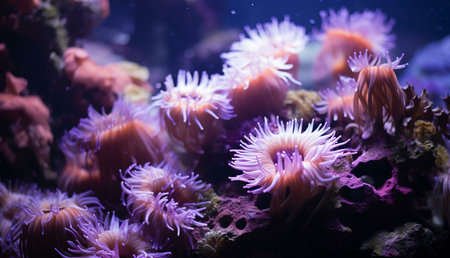 Stunning close-up of sea anemones on a vibrant coral reef. The purple and pink hues are captivating in the dimly lit ocean.の写真素材