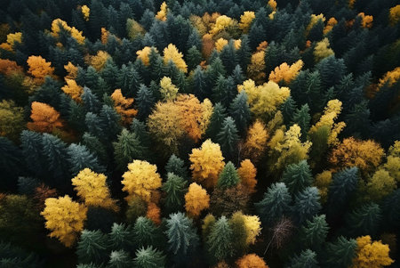 An aerial shot showcasing a breathtaking forest in autumn. Golden and green treetops create a stunning tapestry.の写真素材