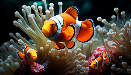 Three clownfish swim near a beautiful sea anemone. Vivid colors and underwater scene.の写真素材
