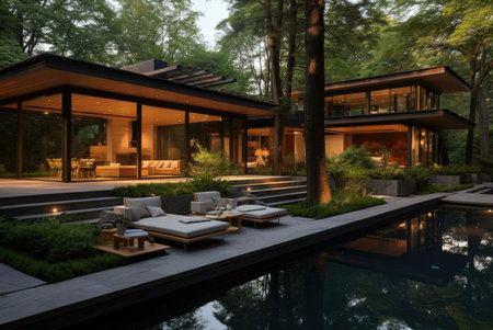 A modern home with a pool and lounge chairs, surrounded by trees and plants. The home is designed...