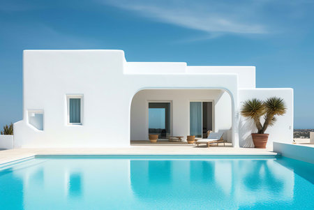 Stunning white villa overlooking the sea. Features infinity pool and modern design.