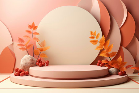 A two-tiered display podium decorated with autumn leaves, berries, and stones against a soft pink and orange abstract backdrop.の写真素材