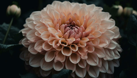 A close-up of a delicate peach dahlia in a dark garden setting.の写真素材