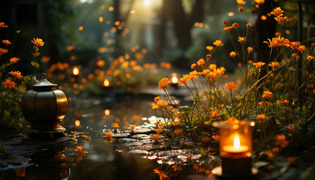 A magical garden path at sunset, illuminated by lanterns and candles. Flowers bloom along the tranquil water's edge.の写真素材