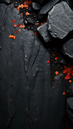 Dark, textured stones with scattered crimson leaves. Autumnal scene.の写真素材