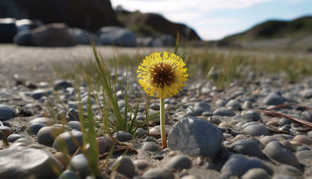 A solitary yellow wildflower blooms among gray pebbles on a beach.