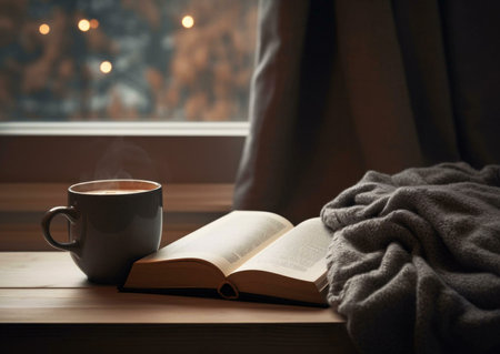 A steaming mug of coffee sits beside an open book and a soft blanket on a wooden table, creating a cozy and peaceful scene by a window.の写真素材
