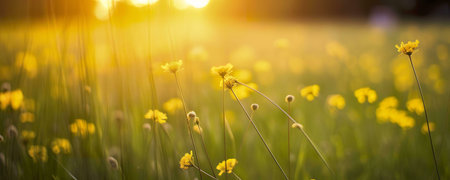 Yellow flowers bathed in the golden light of sunset. A peaceful meadow scene.