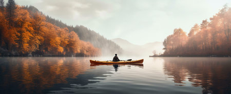 A lone kayaker paddles across a tranquil lake, surrounded by the stunning colors of autumn. Misty mountains and golden trees create a scene of perfect peace.の写真素材