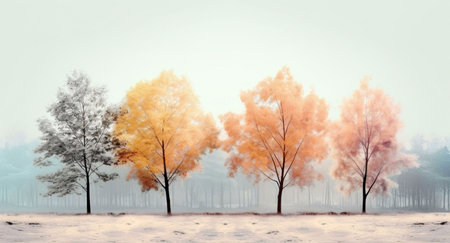 Four trees, in various autumnal hues, stand in a misty forest. A serene and peaceful scene.の写真素材