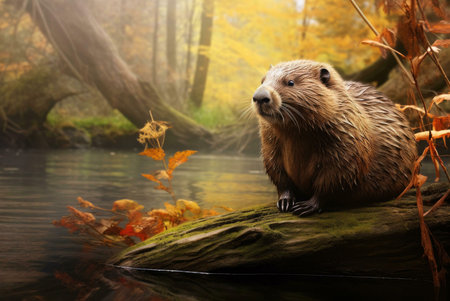 A wet beaver sits on a log by an autumnal river, surrounded by colorful leaves and misty forest....
